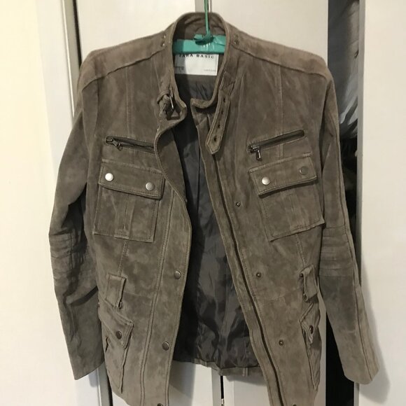 Zara Basic Ladies Grey Suede Leather Jacket Size Large - Picture 1 of 3